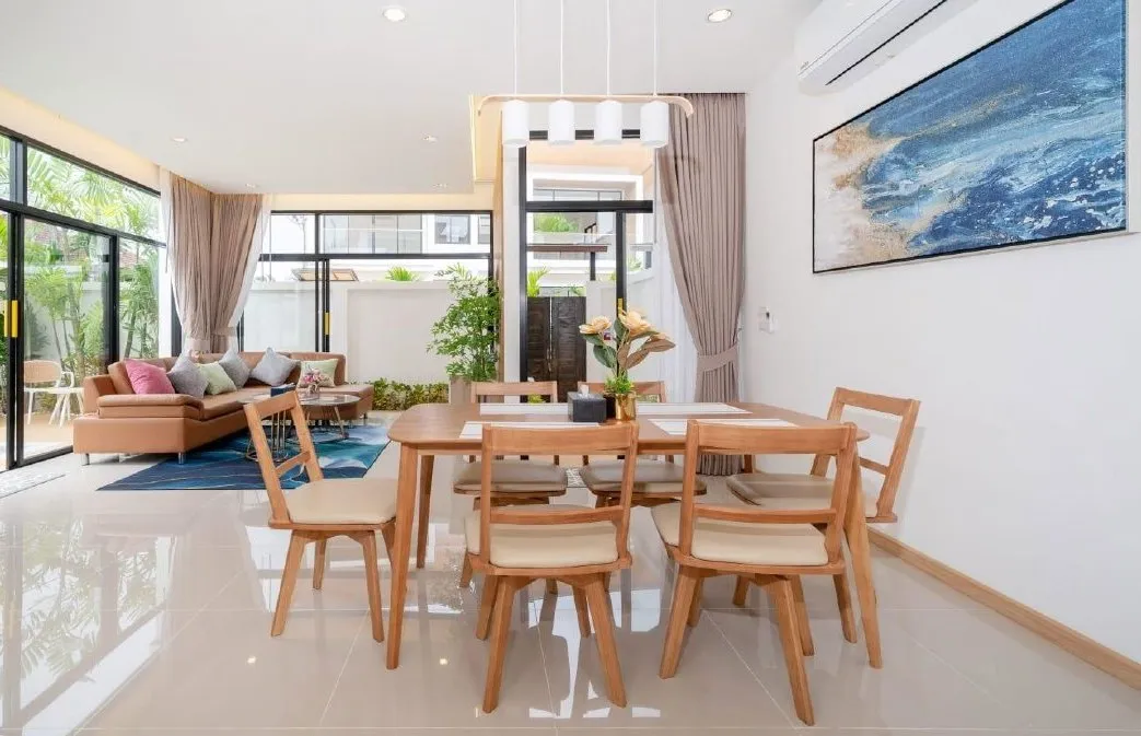 Open-plan dining area with garden views