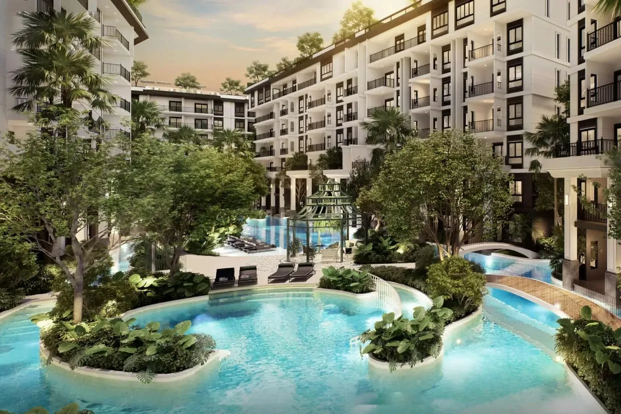 Lagoon pool winding between the buildings