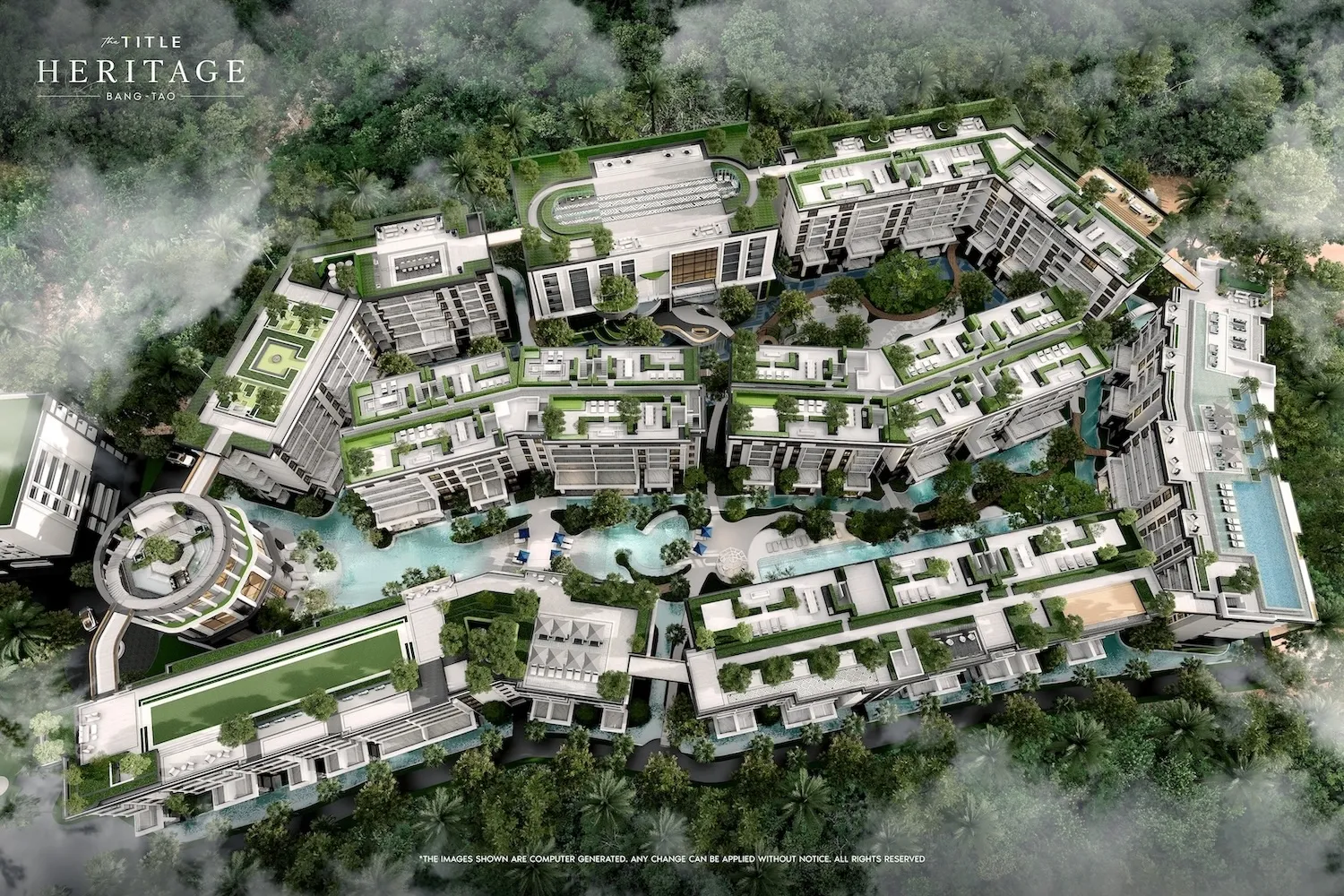 Aerial master plan showing seven buildings around connected lagoon pools