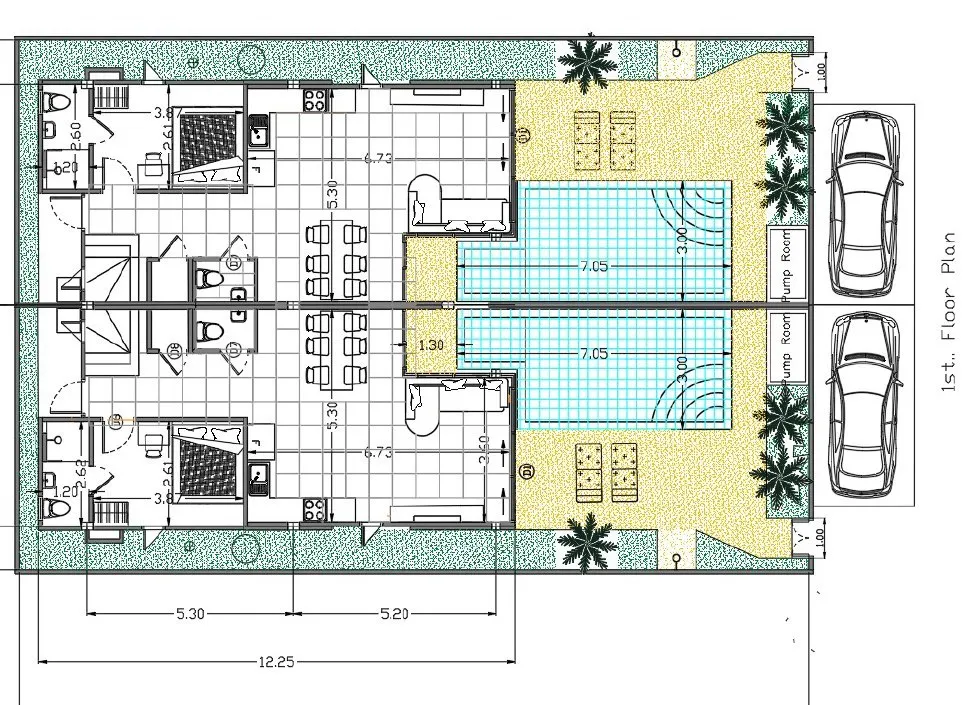 Ground floor plan of a pair of villas, showing living areas and pools