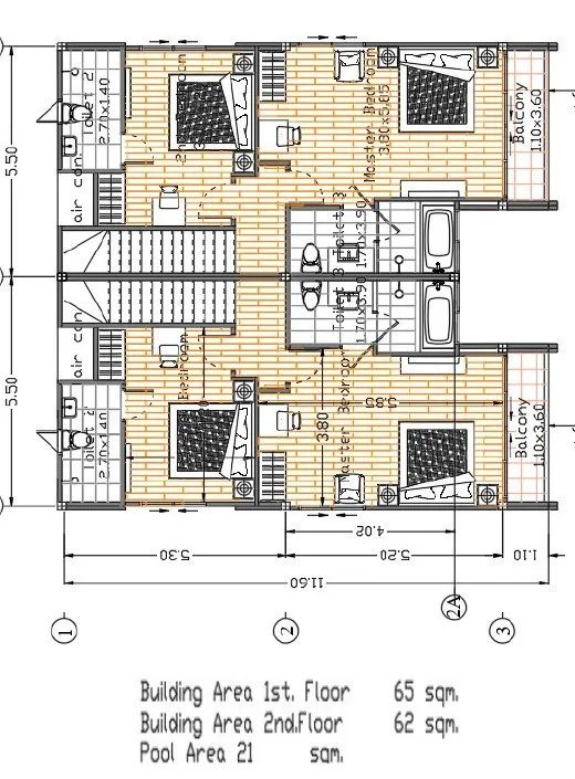 Upper floor plan of a pair of villas, showing bedrooms and bathrooms