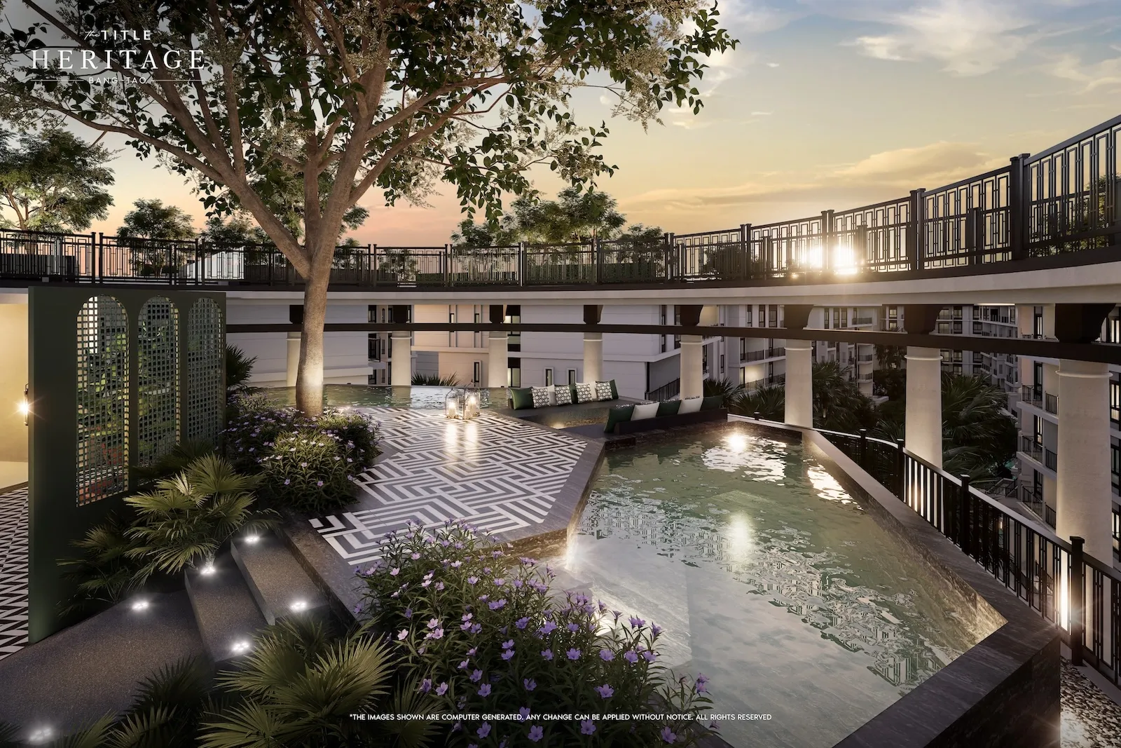 Rooftop onsen pool at sunset